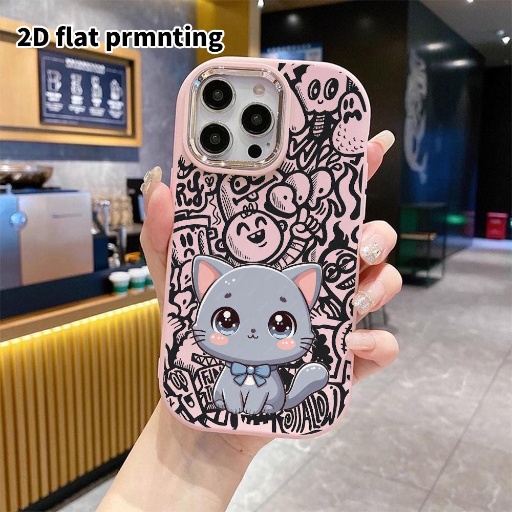 Phone Case: 2D Flat Design Suitable for iPhone 18 17 16 15 14 13 Pro Protective Case, Couple Style, Blue Bow Gray Cat, Christmas and Halloween Gifts