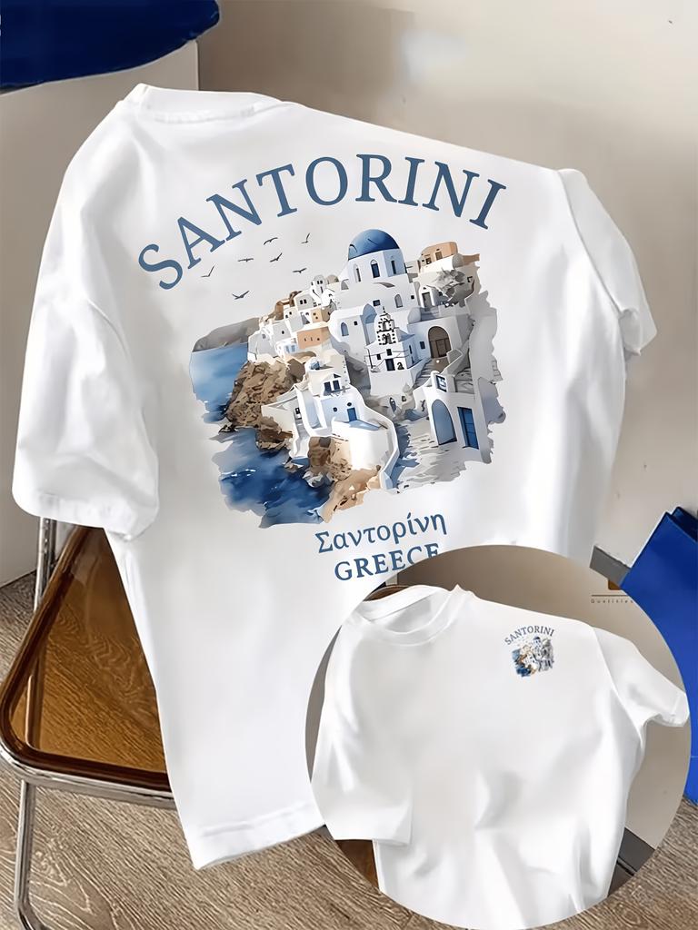 Watercolor Style Santorini Ios Town Pattern Retro Vacation Style Summer Streetwear Unisexs Unisex T Shirt Tee Casual Oversize