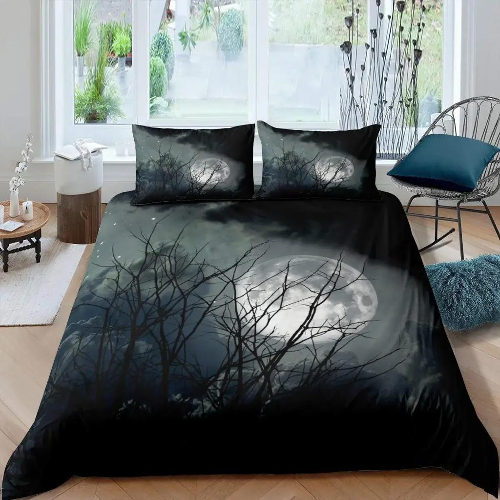 Halloween Tree Bedding Set Queen King Horror Theme Comforter Cover Gothic Spooky Twin Full Duvet Cover Branches Grey Quilt Cover