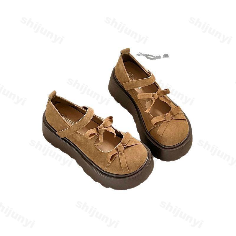Fashion Women Mary Jane Shoes Autumn Round Toe Vintage Bow Knot Platform Leather Shoes Height Increase Comfortable Fashion Single Shoes