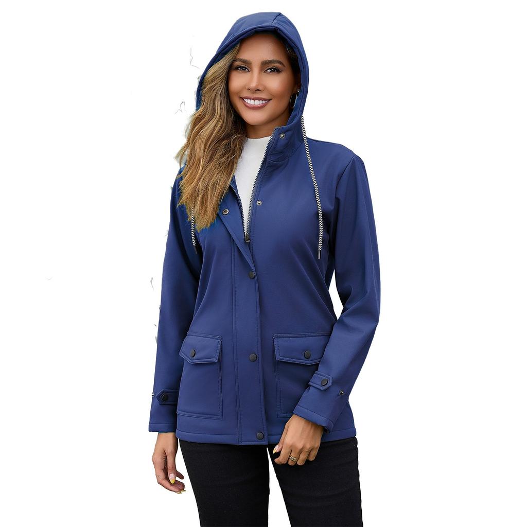 Women's Long Sleeve Hooded Jacket Solid Color Zip Up Fleece Lined Water Resistant Windbreaker Outerwear Coat