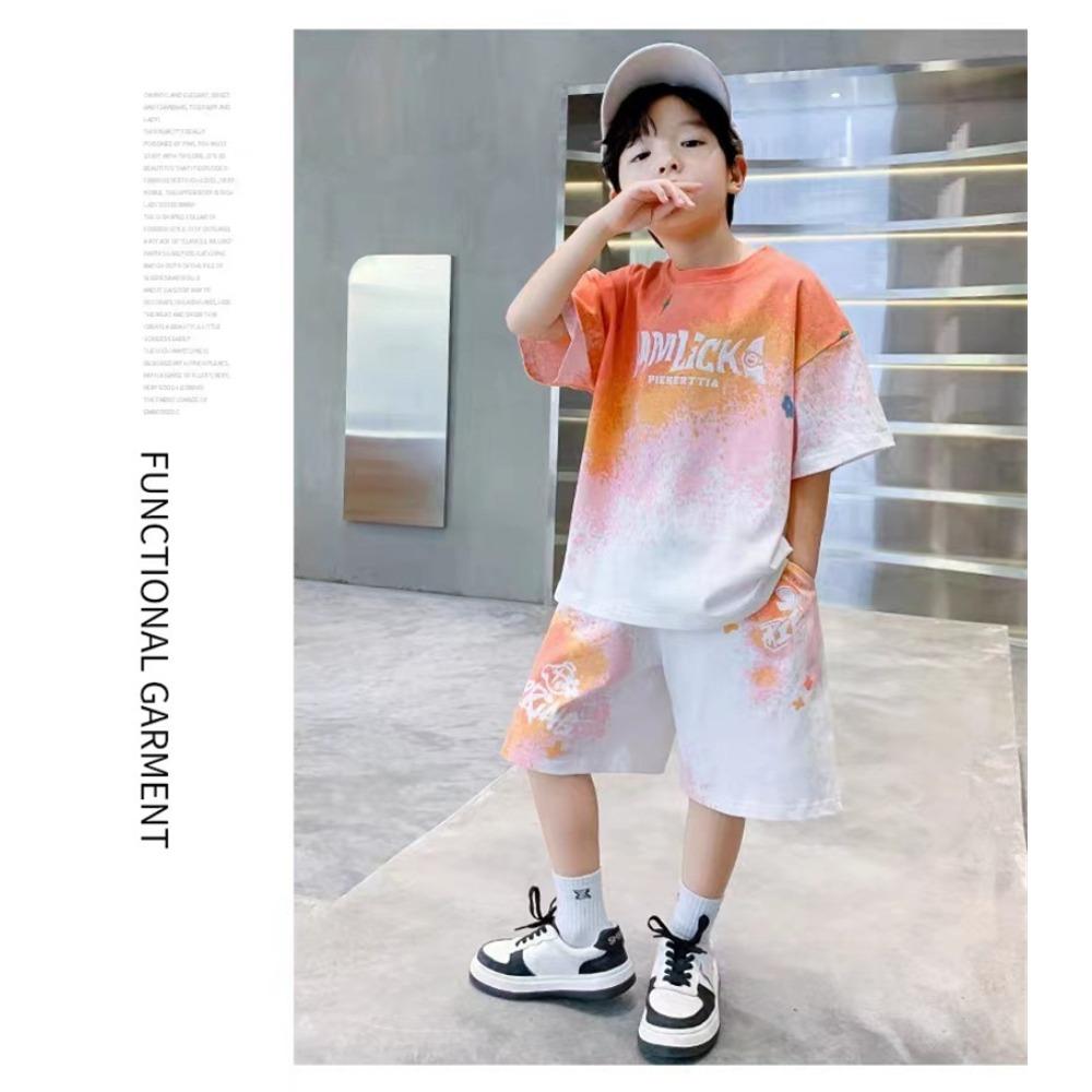 Boys Loose Casual Sets Summer Teen Gradient T-shirts+Shorts 2Pcs Big Kids Sport Short Sleeve Clothes Suits Children Print Outfit