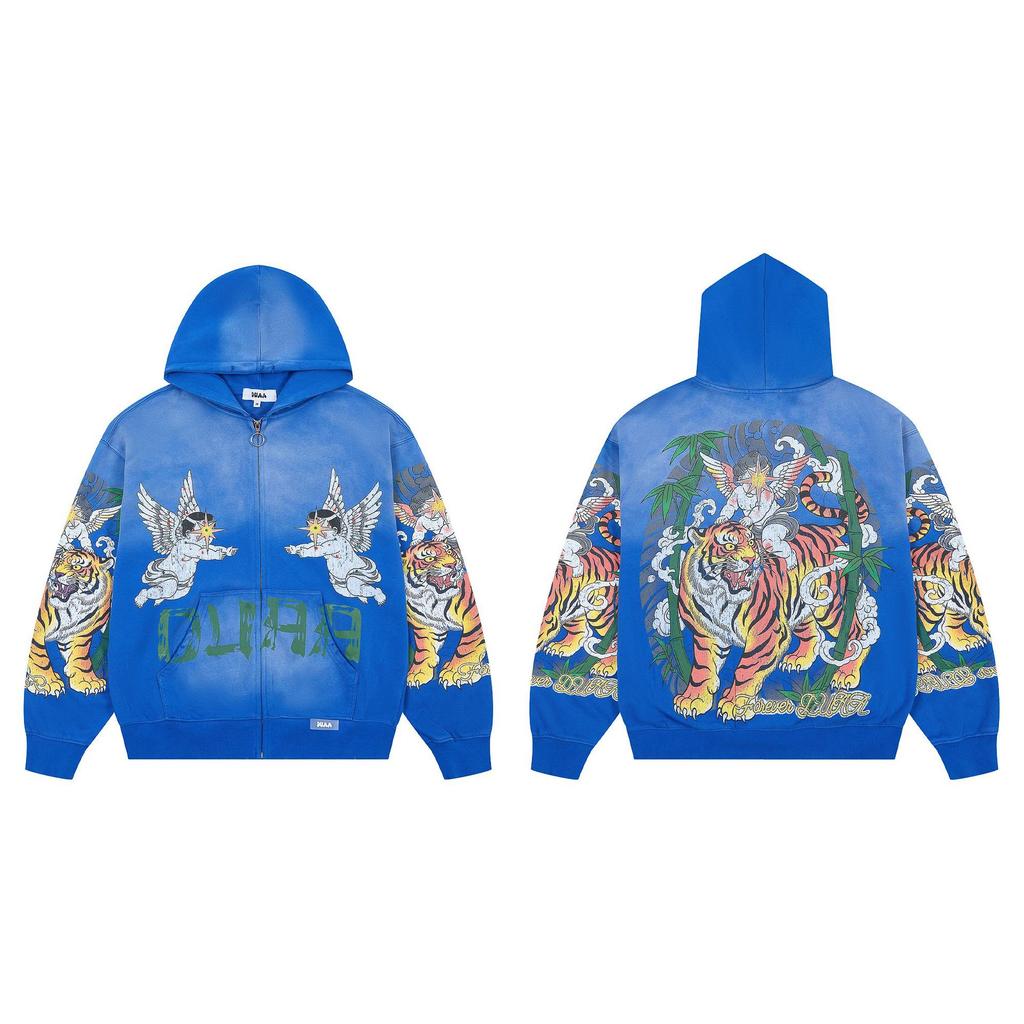 DUAA blue tiger print cardigan hooded sweater men's and women's same style retro old loose hot diamond zipper jacket