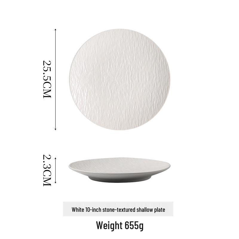 Nordic Style Large Frosted Stone Texture Ceramic Steak Plate - Round, Shallow, Light Luxury Design