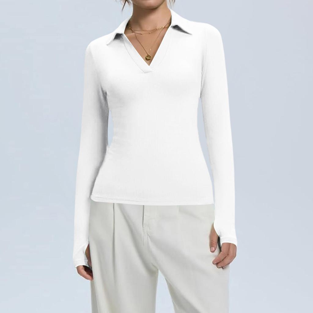 Dámská módní ležérní jednobarevná halenka s výstřihem do V, dlouhým rukávem a zapínáním na knoflíky