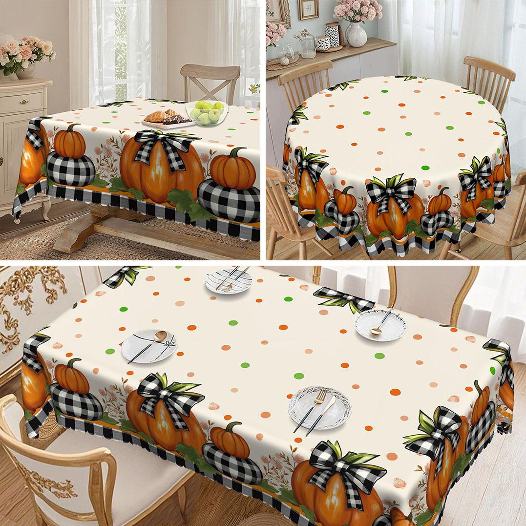Pastoral Pumpkin Theme Tablecloth, Orange Pumpkin Black Checked Bow, Suitable For Square/Round Dining Tables round tablecloth-152x152cm