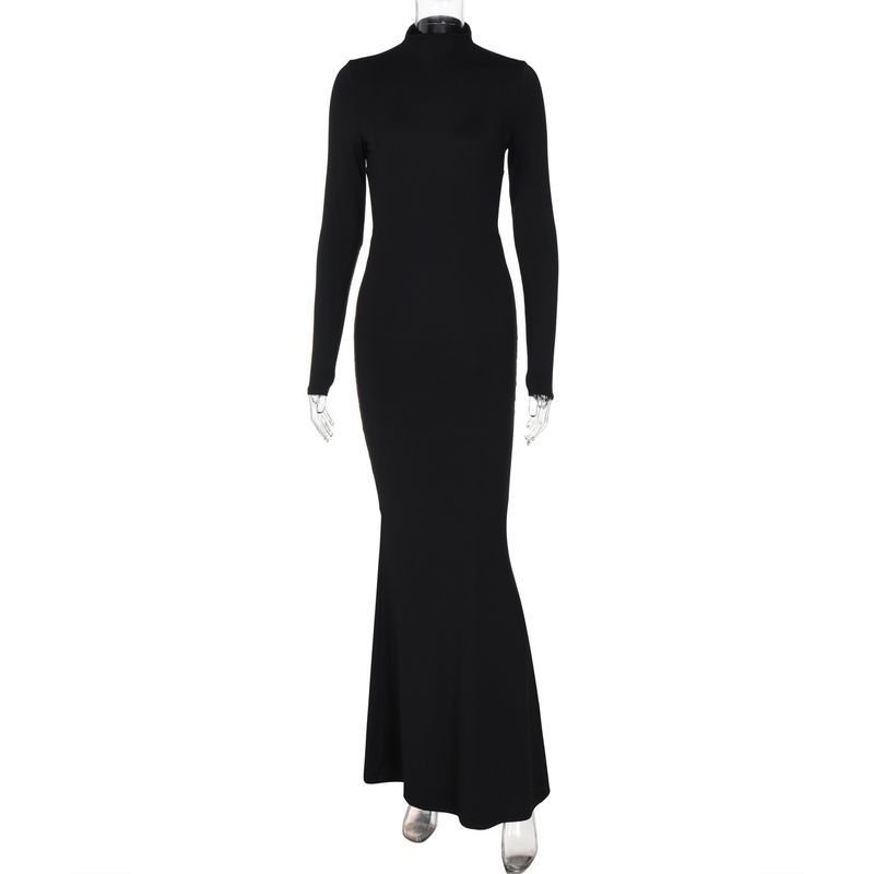 Europe and America Cross Border New Long Dress Pure Color Bare Back Half Turtleneck Fashionable, Elegant and Sexy Accessible Luxury Hip Bag Dress Tide