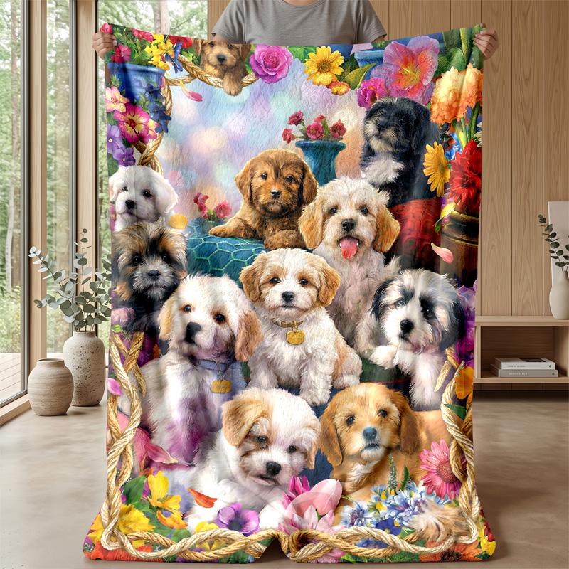 Floral Puppies Garden 3 Theme blanket Lightweight Warm Flannel Blanket Decorative Throw Blanket for Home Decoration