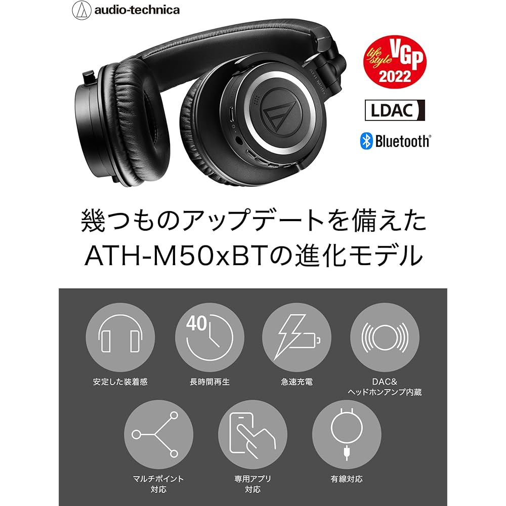 Audio-Technica ATH-M50xBT2 Wireless Headphones DJ Headphones Bluetooth Wired Headphones 45mm Larg...