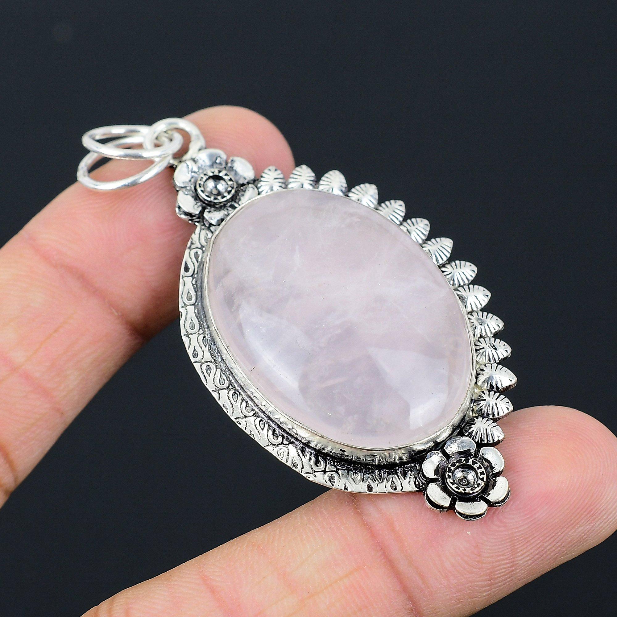 Daughters Day Deal 925 Silver Oval Rose Quartz Stone Flower Trendy Boho Pendant
