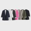 2024 Autumn Women's European & American Style Color Block Linen Blend Roll-Up Sleeve Blazer