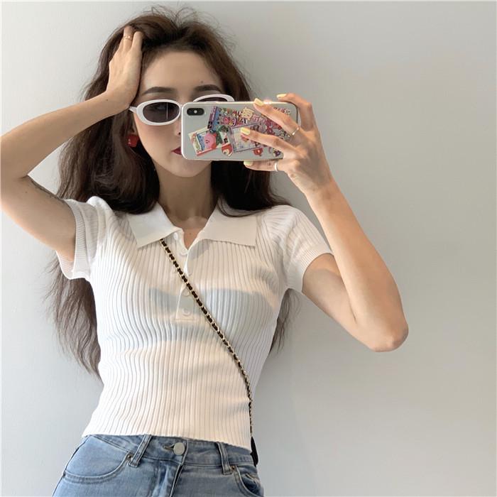 White Polo Collar Short-Sleeve Women's French Chic Top