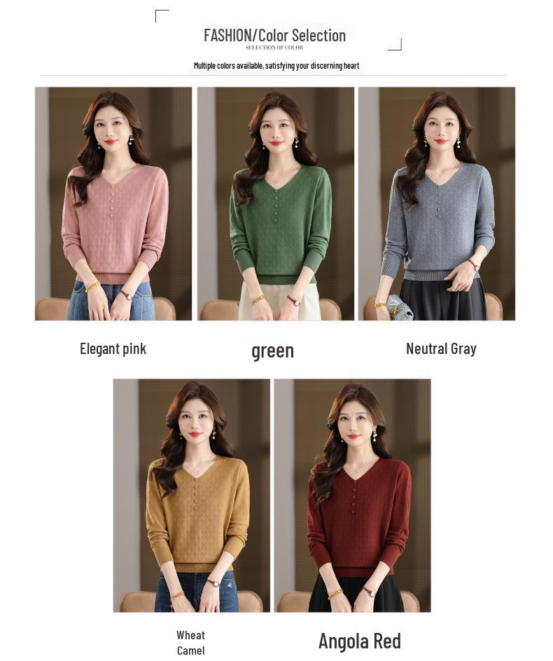 2025 Early Autumn Women's Korean V-neck Knitwear: Slimming Long Sleeve Solid Color Short Sweater