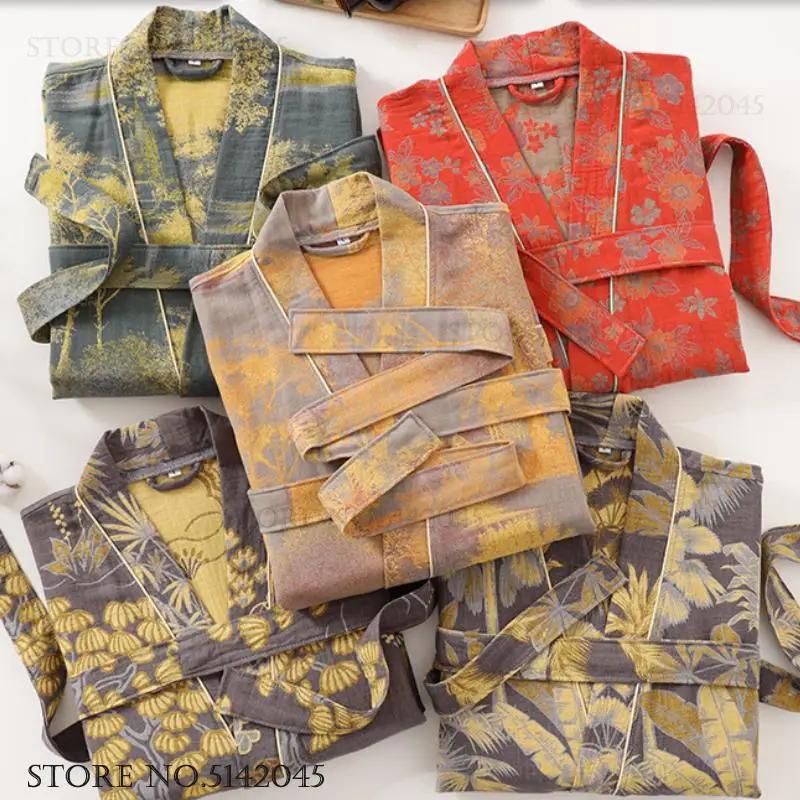 Print Flower Cotton Gauze Kimono Bathrobe Gown Female Robe Negligee Loose Home Dressing Gown Sleepwear Spring Summer Nightwear
