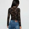 Frühling Sommer Langarm Durchsichtig Schlank Damen Schwarz Rundhals V-Ausschnitt T-Shirt Sexy Spitze Damen T-Shirt Durchsichtig Transparent Netz Oberteile