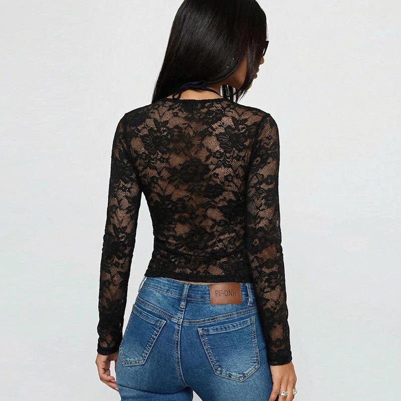 Frühling Sommer Langarm Durchsichtig Schlank Damen Schwarz Rundhals V-Ausschnitt T-Shirt Sexy Spitze Damen T-Shirt Durchsichtig Transparent Netz Oberteile