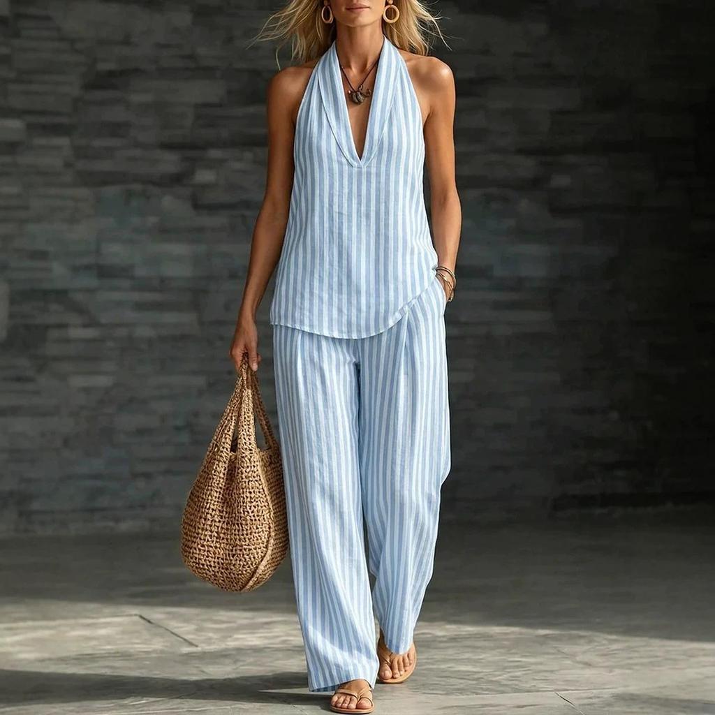 Women Striped Halter Neck Sleeveless Jumpsuit Wide Leg Pants with Pocket