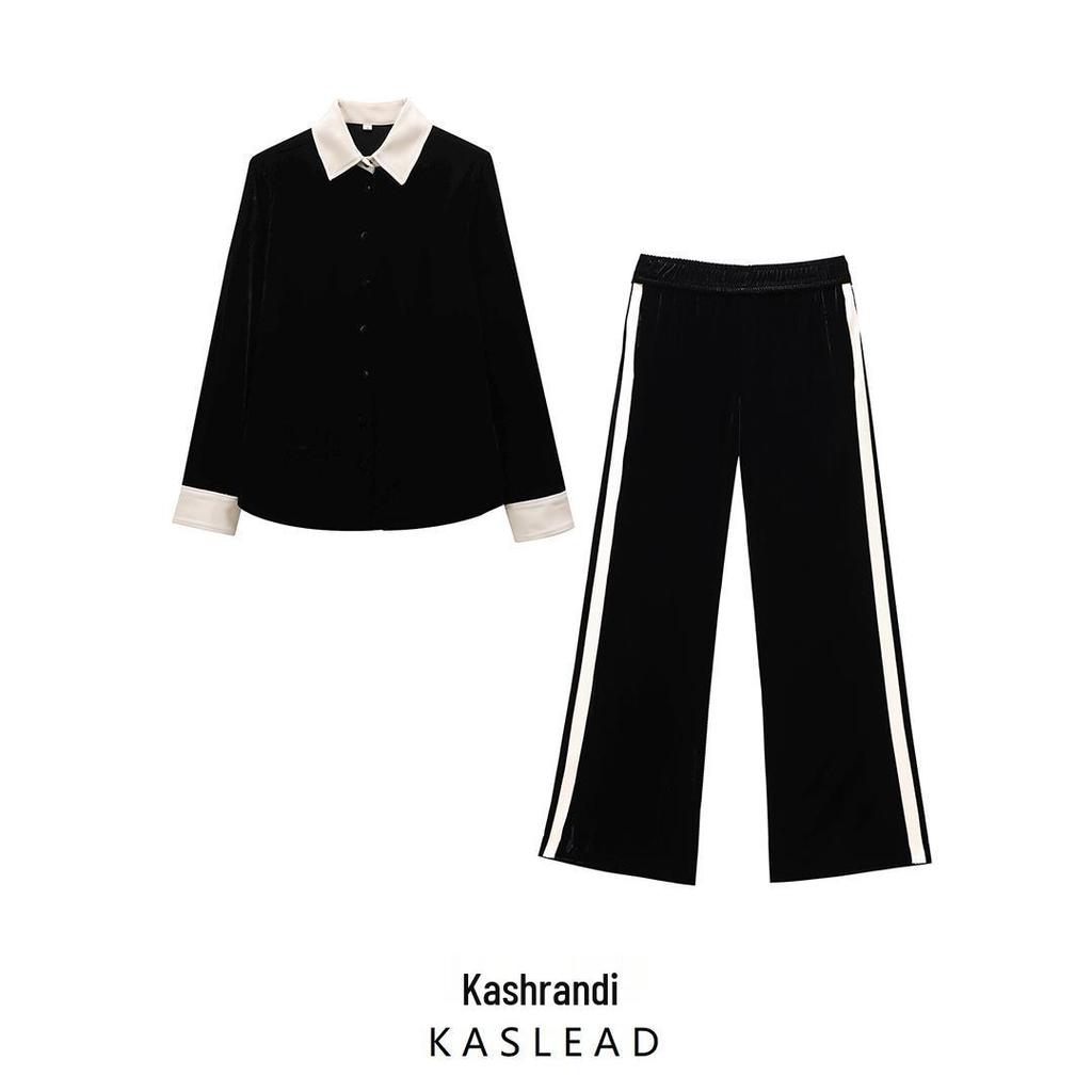 2024 Winter New Women's Velvet Long Sleeve Shirt & Casual Pants - European/American Style