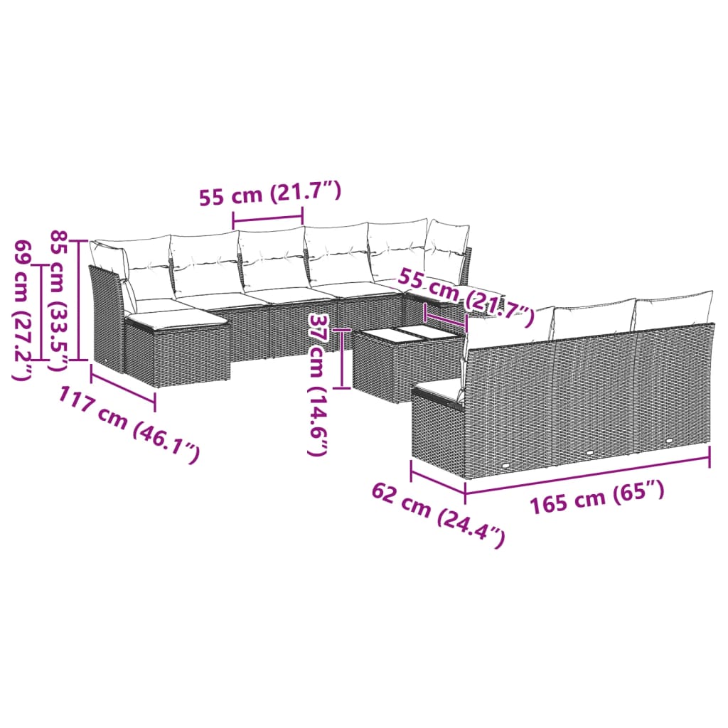 Vidaxl 11-Cz. Garden Furniture Set With Cushions, Grey Rattan Pe