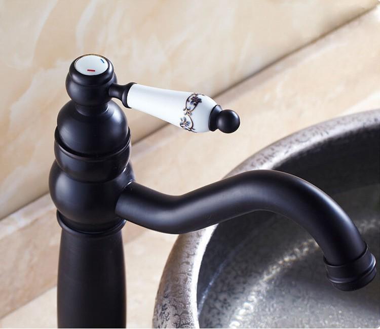 Vintage Black Single-Handle Basin Faucet with Brass & Blue-White Porcelain