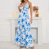 Casual Halter Sleeveless Sexy Dress Blue V-neck Lace-up Beach Dress Summer Flower Printed Long Slit Dress Women Clothing 25231