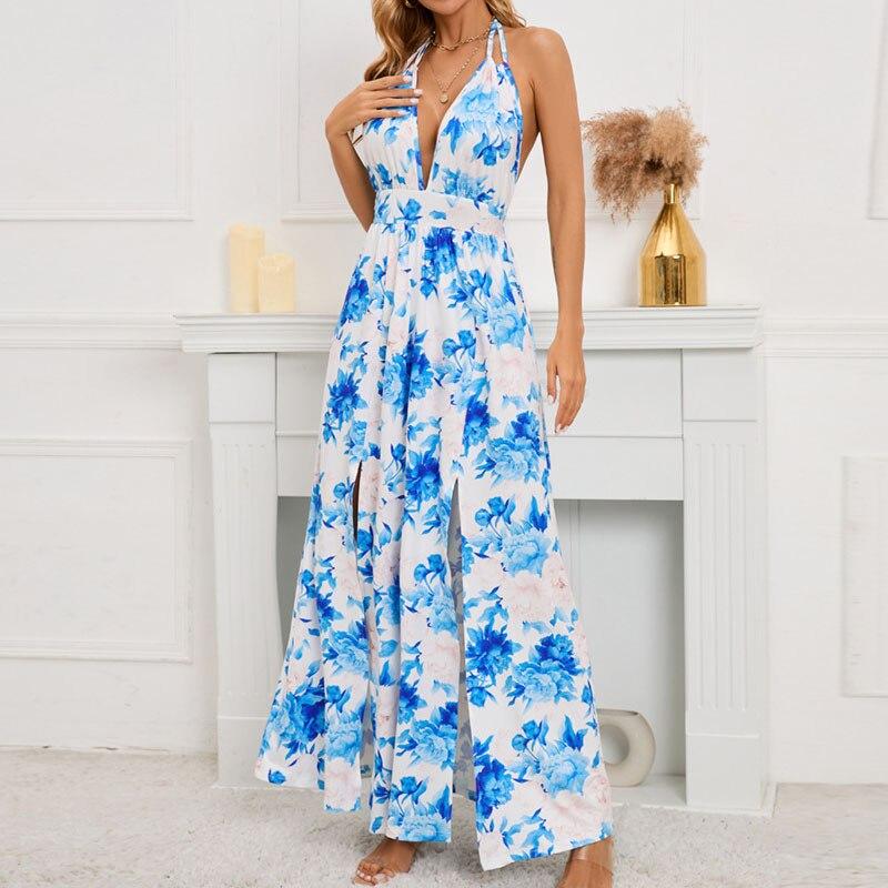 Casual Halter Sleeveless Sexy Dress Blue V-neck Lace-up Beach Dress Summer Flower Printed Long Slit Dress Women Clothing 25231
