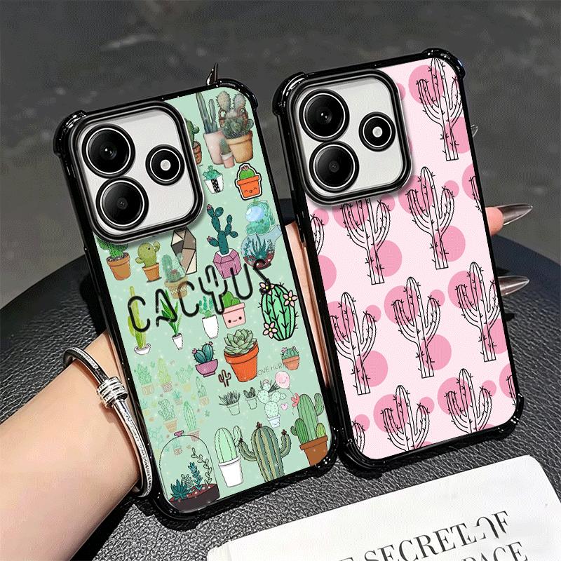 Cactus Pattern Plating Phone Case For Xiaomi Redmi Note 14 15 Pro Plus 13 12 11 11S 11T 10 9S 9 5G Anti-Fall Airabag Cover