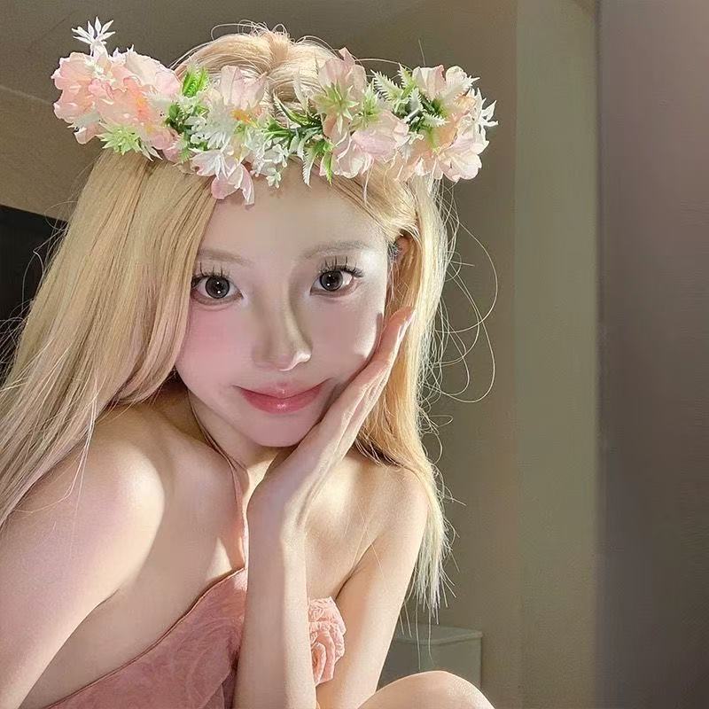 

2025 New Forest Fairy Flower Crown Headband with Ribbons, Kids Princess Hair Accessories Pink