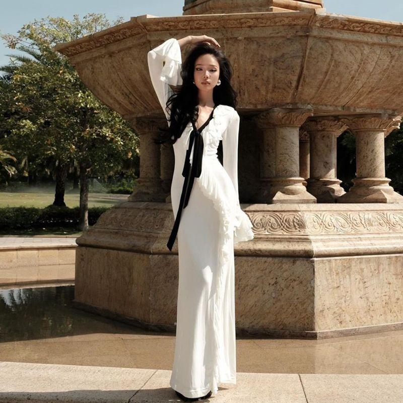 

# Sisjuly# Ruffles Lightly Mature Contrast Color Elegance Temperament High Waist Slit Design Sexy Dress Female White S