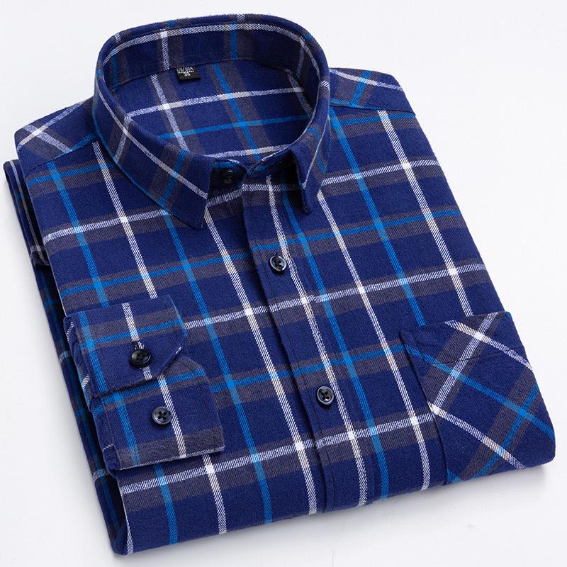 Men's Spring and Autumn Brushed Cotton Top Plaid T-shirt Casual Long Sleeve Turn Down Collar Shirt