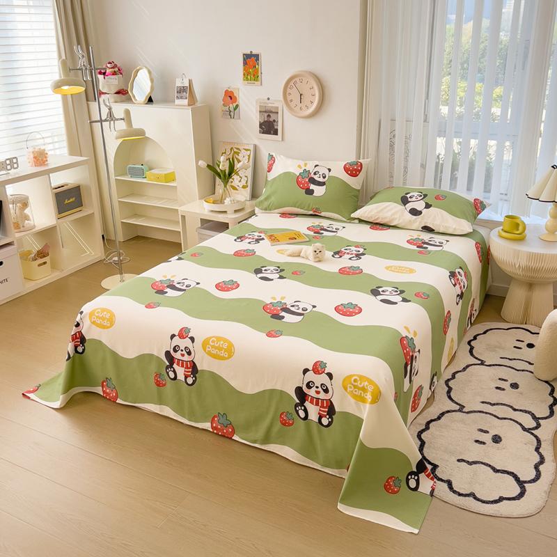 Cute Cartoon Panda Flat Sheet Kawaii Strawberry Bed Sheet Set For Girls Boys Room Decor, Cotton Twin Bed Cover With 2 Pillowcase