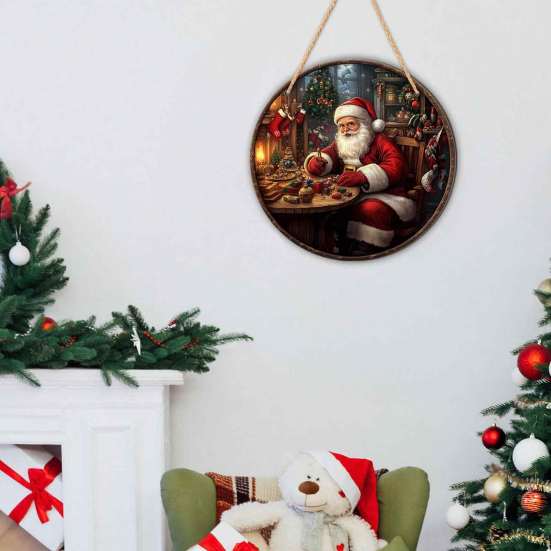 Winter Santa Wall Art Christmas Wooden Round Hanging Sign, Claus Highland Cow Theme Holiday Party Accents Door Decor, Farmhouse Welcome Ornament