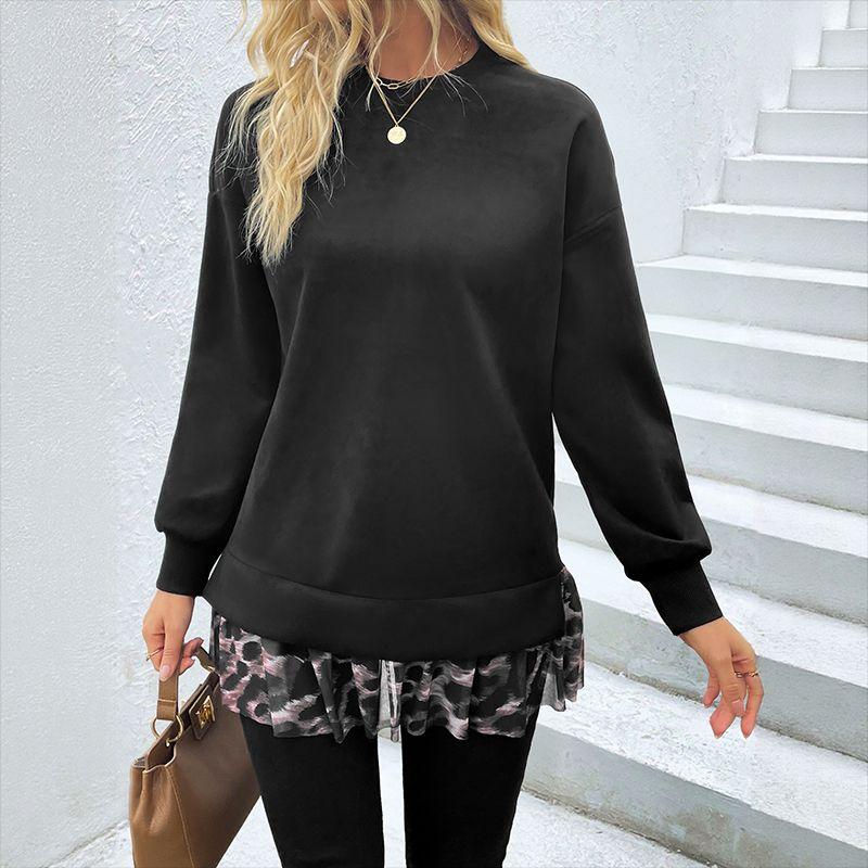 

Autumn Winter Women Fleeces Ladies Tops Autumn and Winter round Neck Patchwork Hoodie Top Black XL