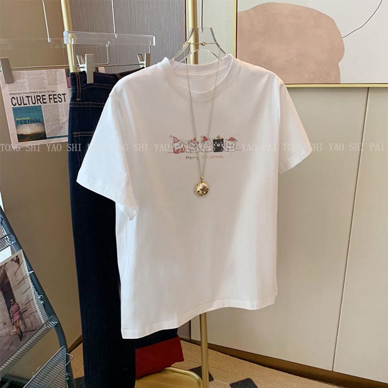 

Женская белая футболка с коротким рукавом с мультяшным котом, лето 2025, модный топ из чистого хлопка, не стареющий S