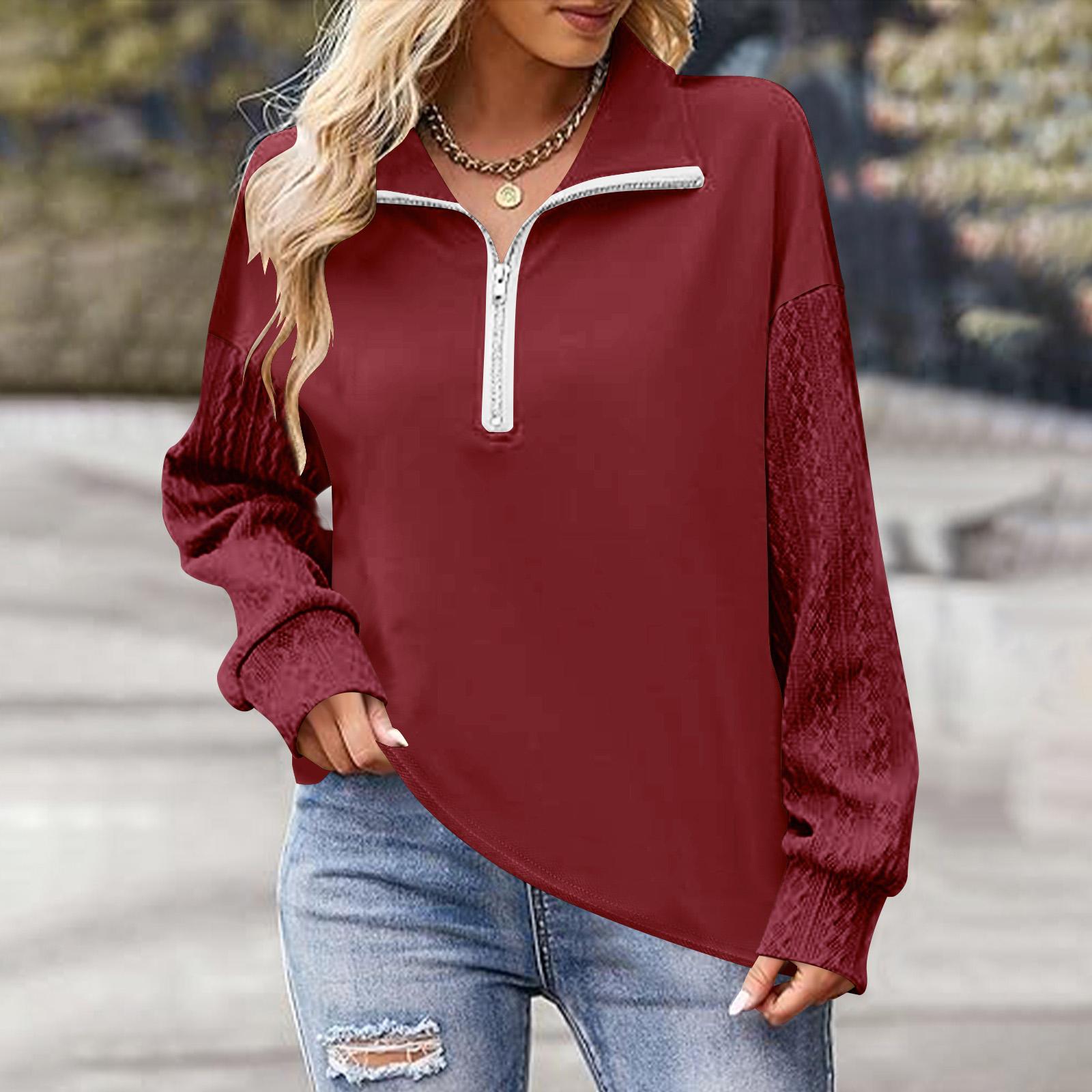 

Women Fall Fashion Long Sleeve Shirts Patchwork Sweatshirt Casual Pullover Tops S красный