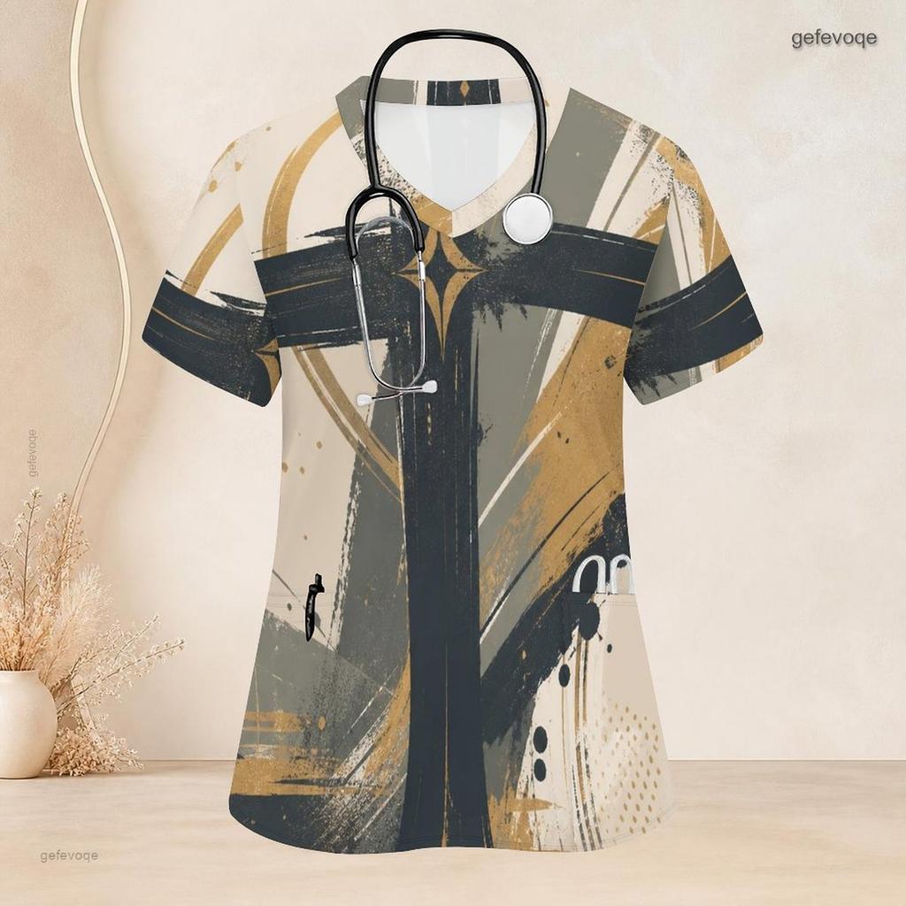 Women Plus Size V Neck Short Sleeve Printed Nurse Scrub Top With Front Pockets