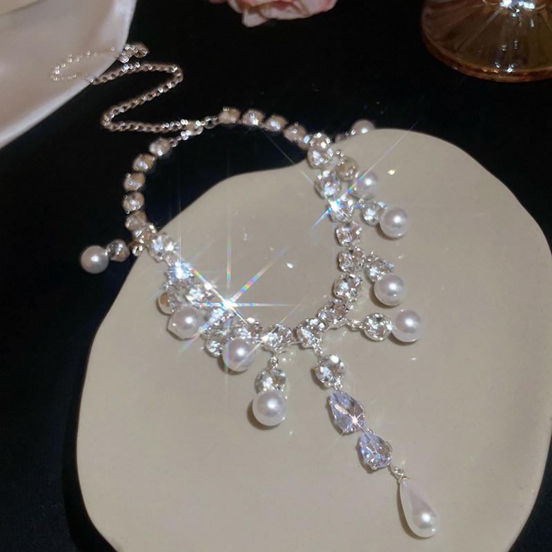 Elegant Geometric Rhinestone & Pearl Tassel Necklace for Women