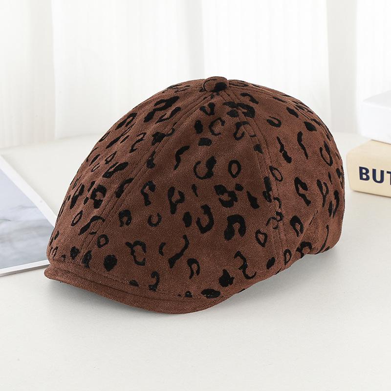 American Retro Street Leopard Print Forward Hat Female Autumn Spice Girl Style Show Face Small Beret Personality Big Head Circumference Hat
