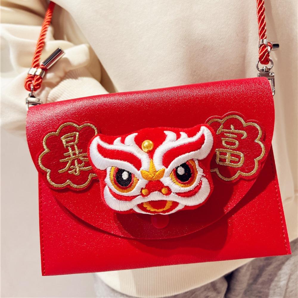 Cross Body PU Leather Red Envelope Tassel Lion Dance New Year Money Envelope  Celebration Party