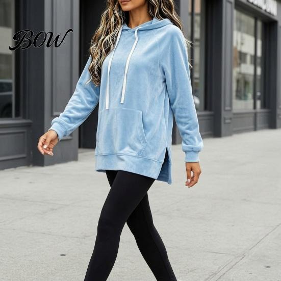 Soft Drawstring Hoodie Women Velvet with Kangaroo Pocket, Long Sleeve Pullover Autumn Winter Outfit Sweatshirt, Loose Casual Hooded Top for Fall Lady
