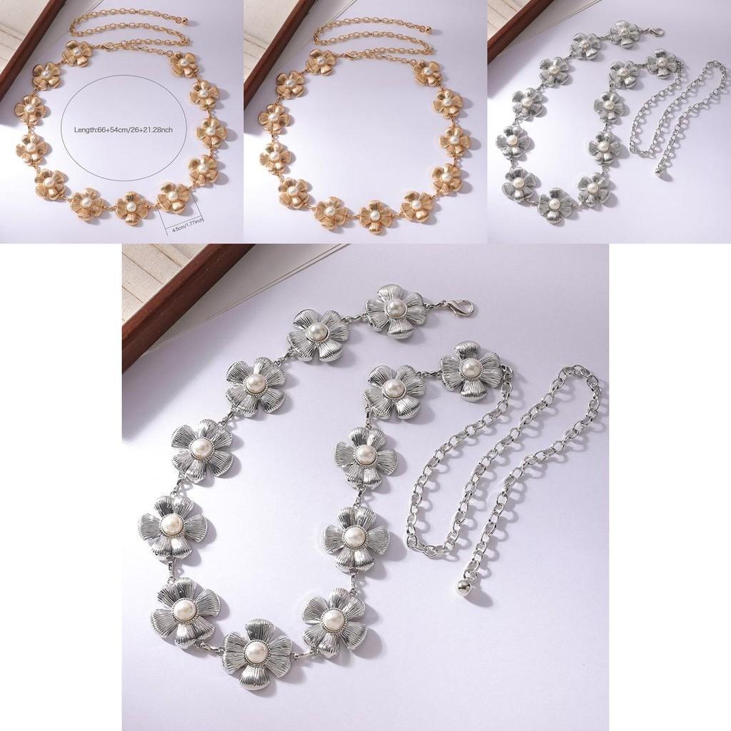 Floral Pearl Metal Waist Chain With Carved Flower Design For Women Spring Summer Fashion