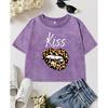 Kiss Me Leopard Print Lips Print Women Washed Crop T Shirt Cotton Top Casual Y2K Summer T-Shirts O-Neck Slim Streetwear