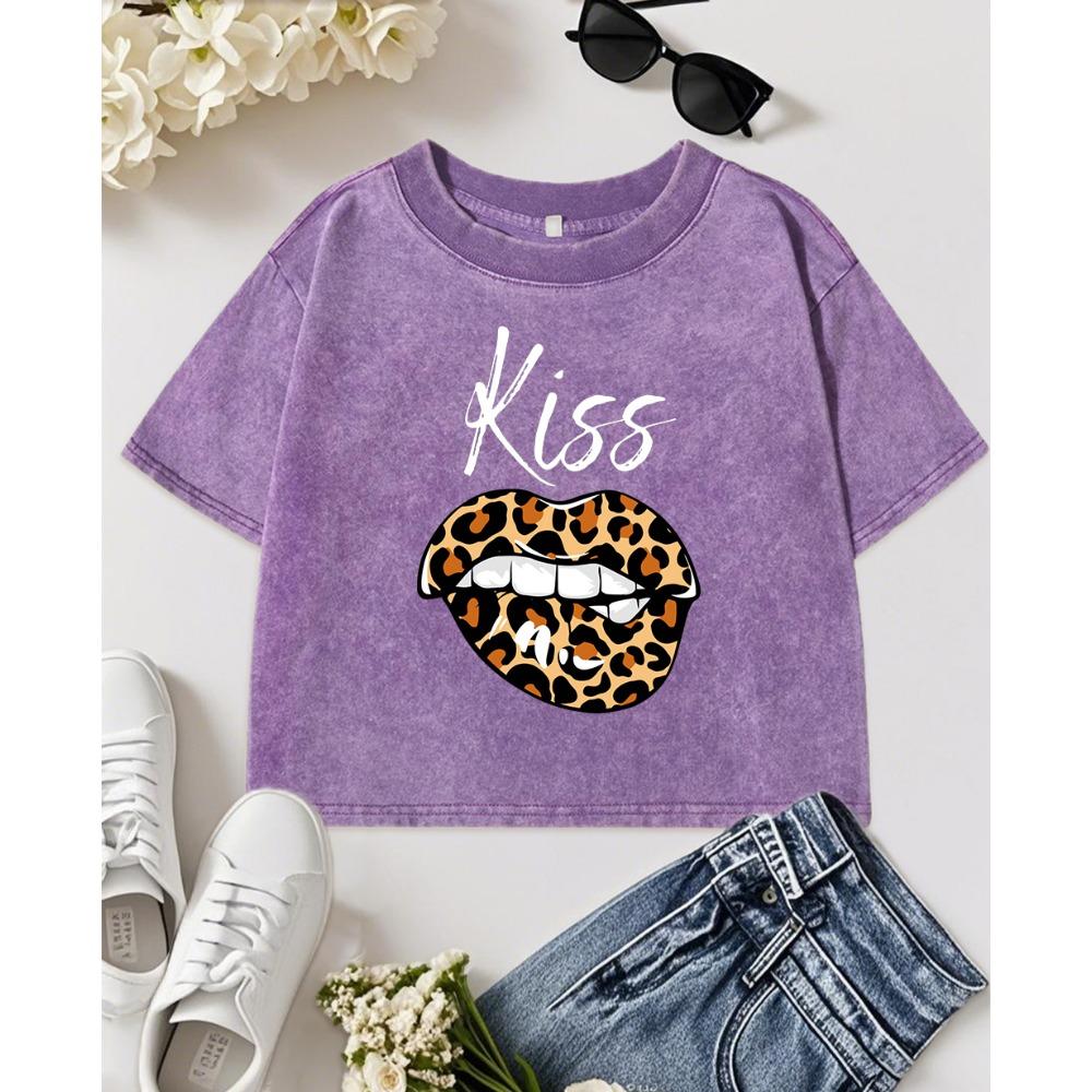Kiss Me Leopard Print Lips Print Women Washed Crop T Shirt Cotton Top Casual Y2K Summer T-Shirts O-Neck Slim Streetwear