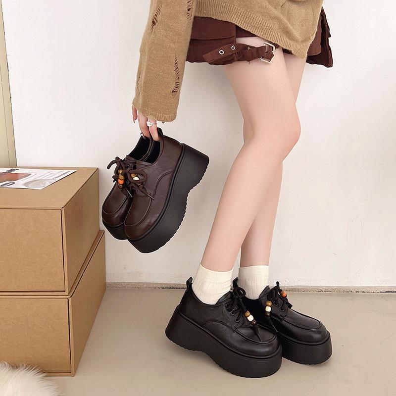 Black height-increasing small leather shoes women's new autumn versatile retro platform lace-up single shoes