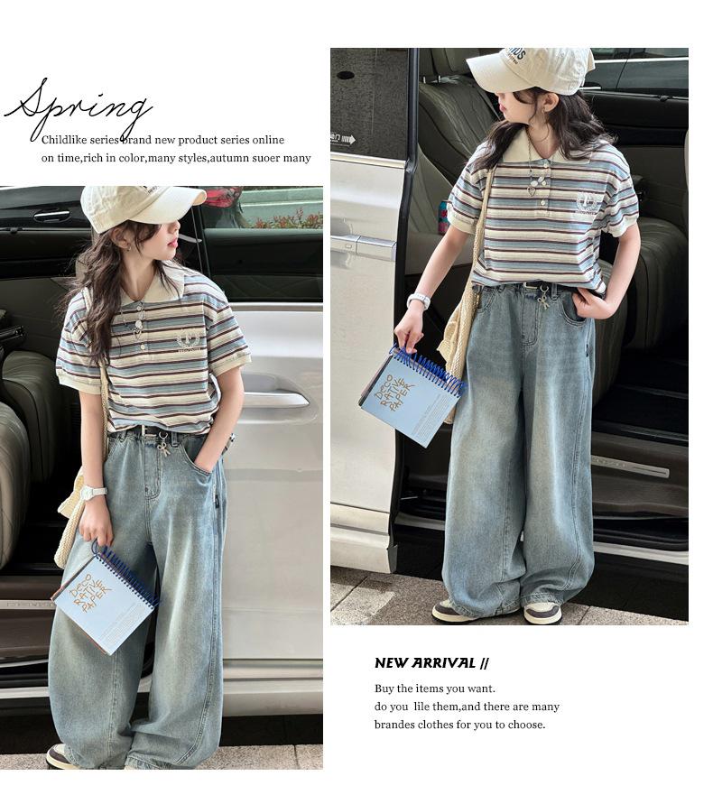 Gestreiftes Polo-Shirt und Jeans-Hose mit weitem Bein für Mädchen - Koreanischer Stil Lässige Sommer-Mode
