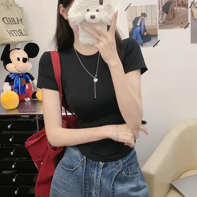 Women Solid Color Slim Fit Short Sleeve Crew Neck Casual T Shirt S чёрный
