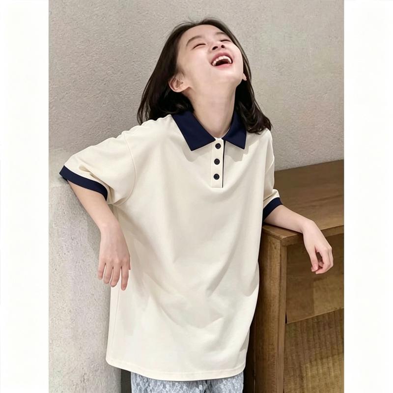 Girls' Summer Pure Cotton Polo Shirt - Sweet Lapel Short Sleeve Top for Medium and Large Children