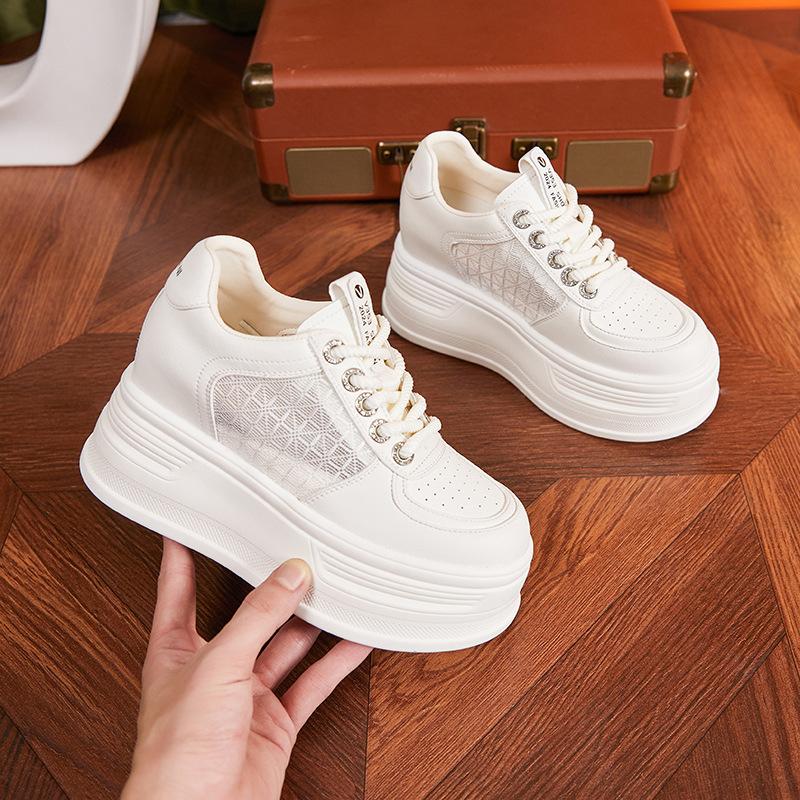 Platform White Shoes Women's 2025 New Spring Hollow Mesh Casual Shoes Versatile Small Inner Height Increase Women's Shoes