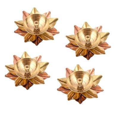 Lampada Diya in Ottone Puro per Pooja, Oggetti Decorativi Indiani Diyas - Set Combinato Decorativo Deepak di 4 Pezzi