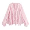 Chiffon Ruffled V-Neck Shirts Top Women Blouse Tee 2026 Summer Sheer Lace-Up High Waist Blouse Elegant Female Shirts Tops